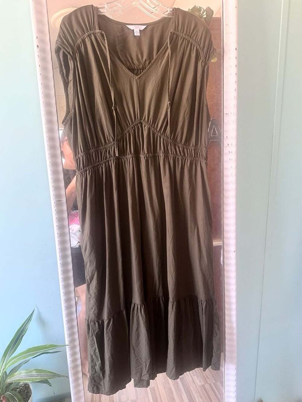 Time And Tru Dress Size XL (16-18) Olive Green Tiered Midi Pocket Boho